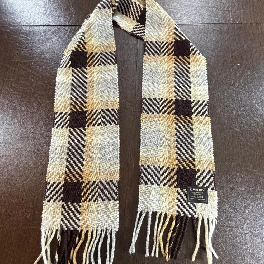 Kimberly Lambs Wool Blend Checkered Scarf - Tan, Brown, Cream Made in Italy